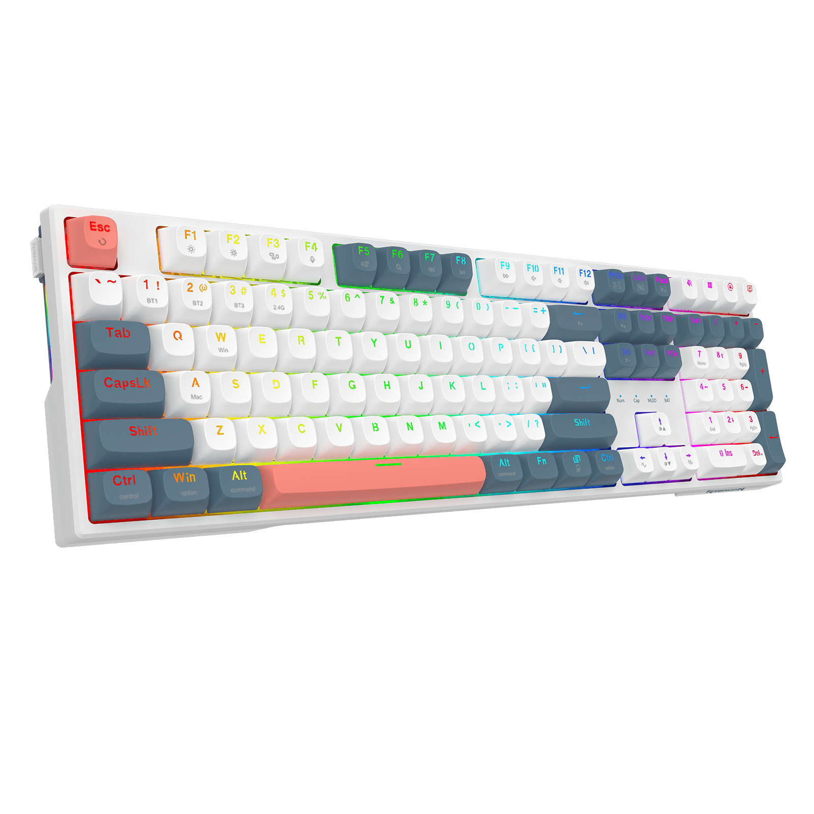 A compact mechanical keyboard with a white base and colorful pastel keycaps, shown at an angle against a solid black background.