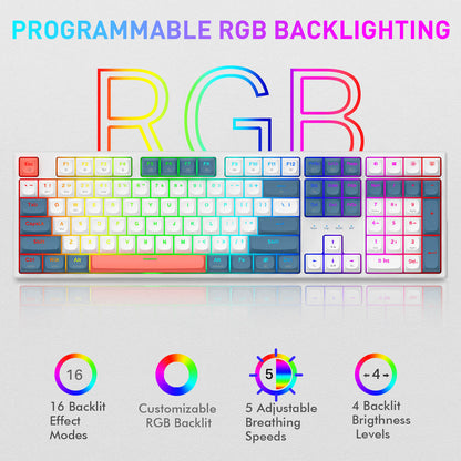 A programmable RGB backlit mechanical keyboard shown on a light gray background with large 'RGB' lettering and feature callouts below. The keyboard has a white frame with multicolor gradient lighting across the keys and a red escape key at the top left.