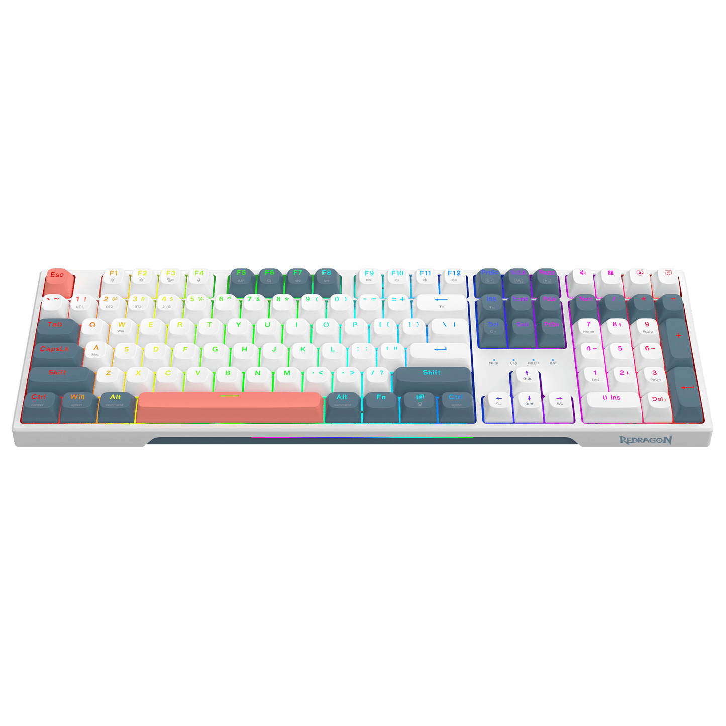 A mechanical keyboard with a white frame and multicolor pastel keycaps arranged in a rainbow gradient pattern, shown against a solid black background.