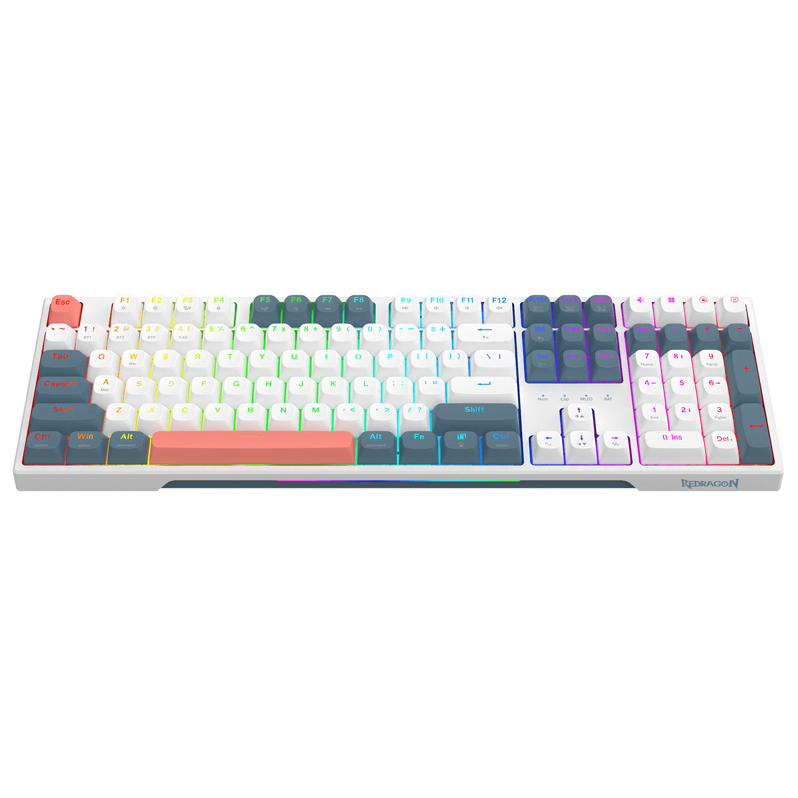 A mechanical keyboard with a white frame and multicolor pastel keycaps arranged in a rainbow gradient pattern, shown against a solid black background.