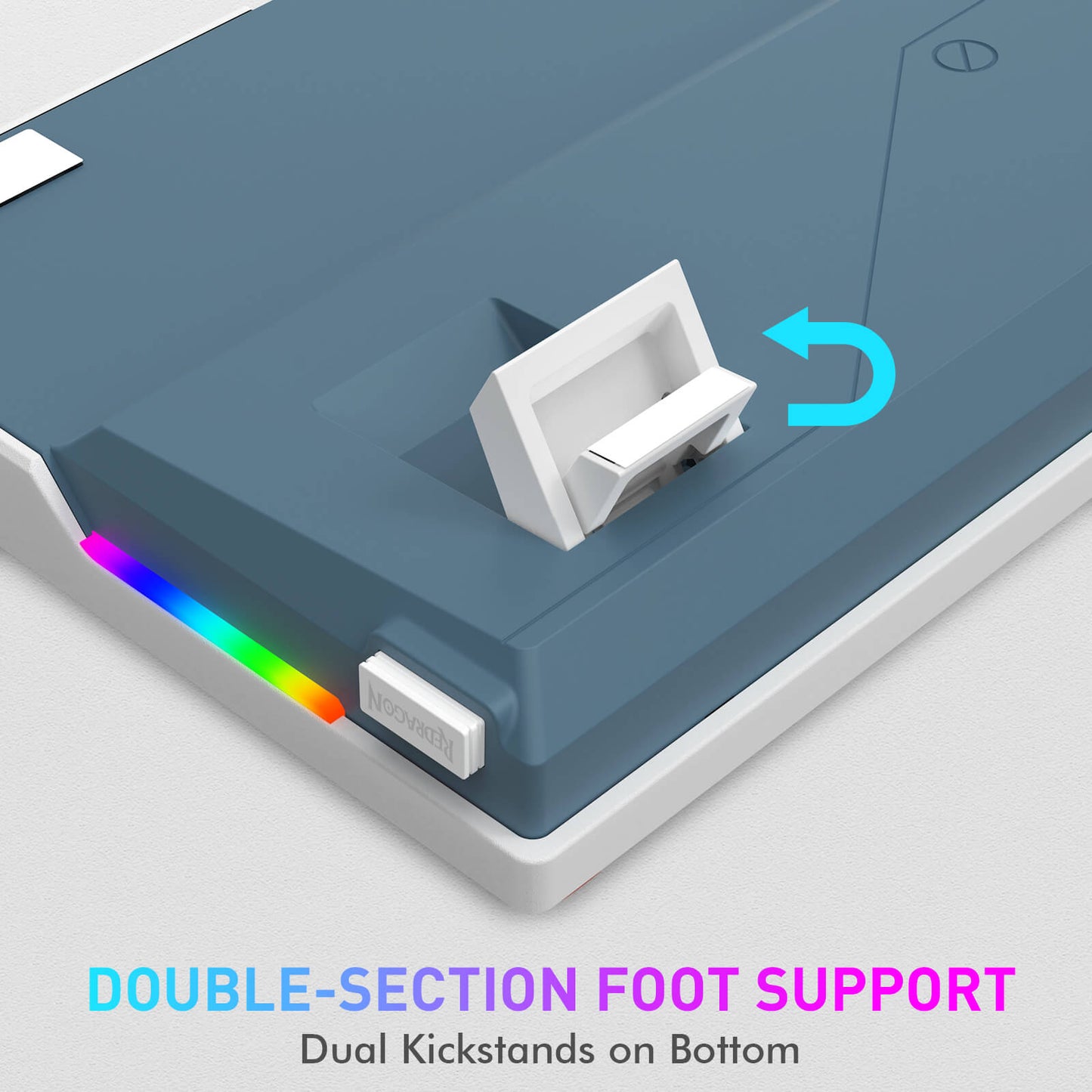 A product render showing the bottom of a blue and white device with a double kickstand support mechanism, a rainbow LED light strip, and text reading 'DOUBLE-SECTION FOOT SUPPORT' and 'Dual Kickstands on Bottom.'.