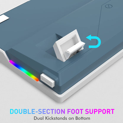 A product render showing the bottom of a blue and white device with a double kickstand support mechanism, a rainbow LED light strip, and text reading 'DOUBLE-SECTION FOOT SUPPORT' and 'Dual Kickstands on Bottom.'.