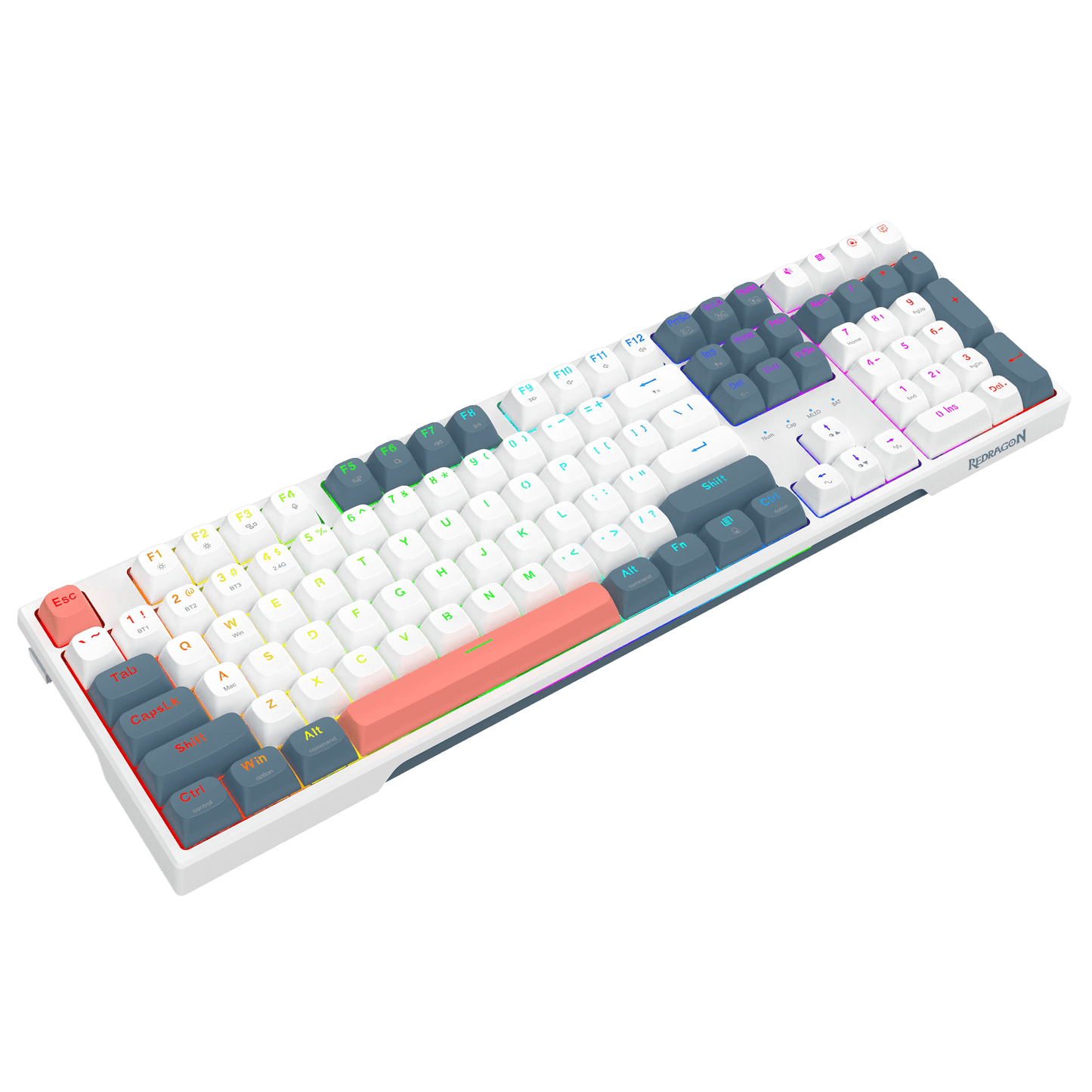 A mechanical keyboard with a white frame and white keycaps, featuring a custom gradient keycap set transitioning from red to green, blue, and purple, with dark gray keycaps on the arrow keys and Enter bar, shown on a solid black background.