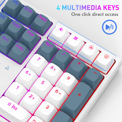 A close-up of a mechanical keyboard with white and dark gray keycaps, showing the numeric keypad and multimedia key layout. The image includes text reading '4 MULTIMEDIA KEYS' and 'One click direct access' with a blue media icon.