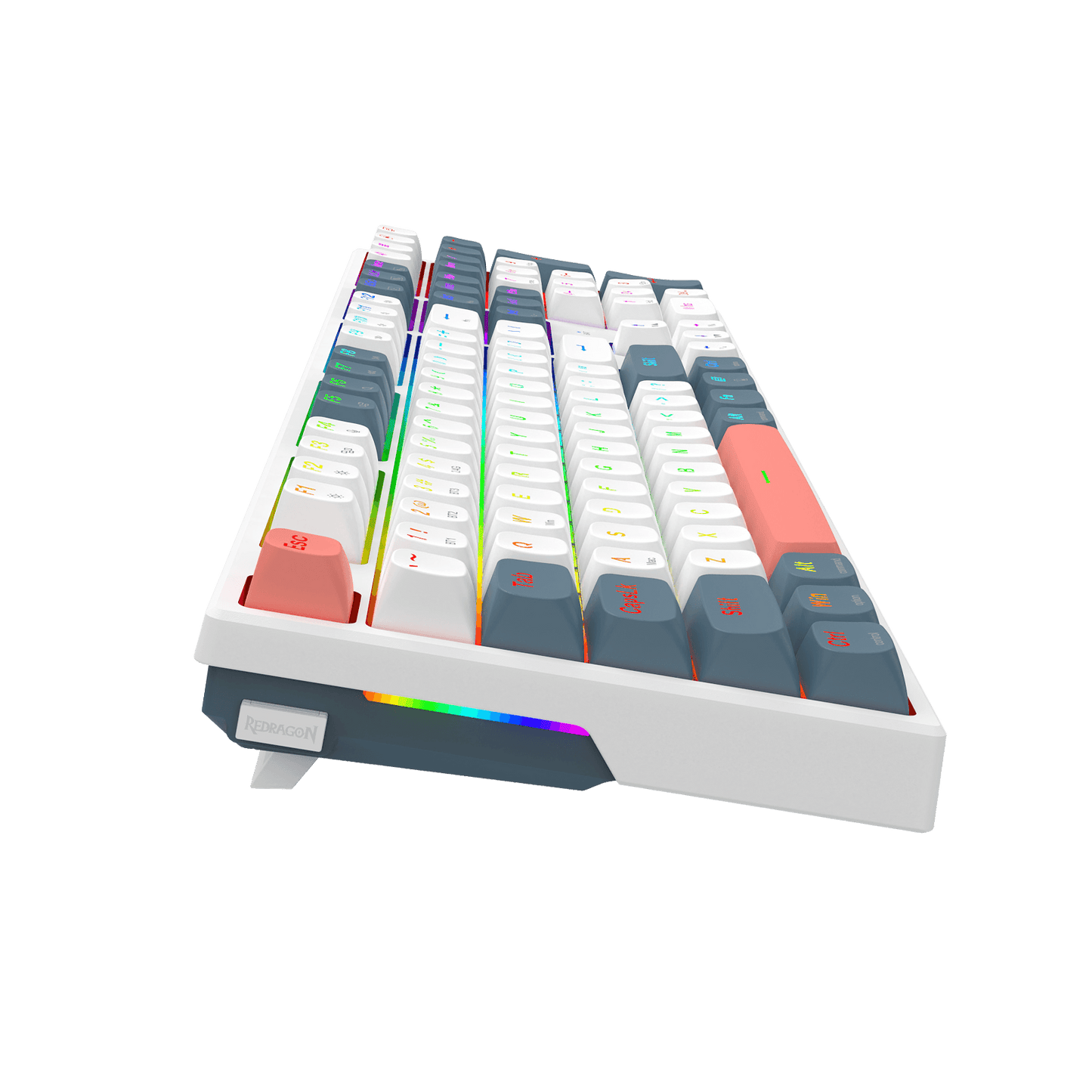 A 75% mechanical keyboard with a white chassis and a variety of colored keycaps, shown from an elevated angle on a solid black background. The keycaps include white, gray, red, and pastel rainbow RGB backlighting.