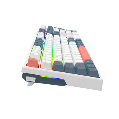 A 75% mechanical keyboard with a white chassis and a variety of colored keycaps, shown from an elevated angle on a solid black background. The keycaps include white, gray, red, and pastel rainbow RGB backlighting.