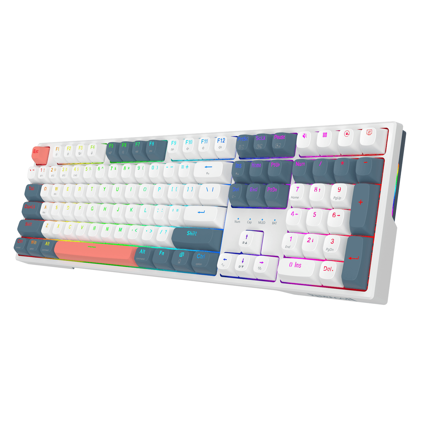 A mechanical keyboard with a white case and white keycaps, featuring custom dark gray keycaps, a coral orange backlight, and a rainbow RGB backlighting on a solid black background.