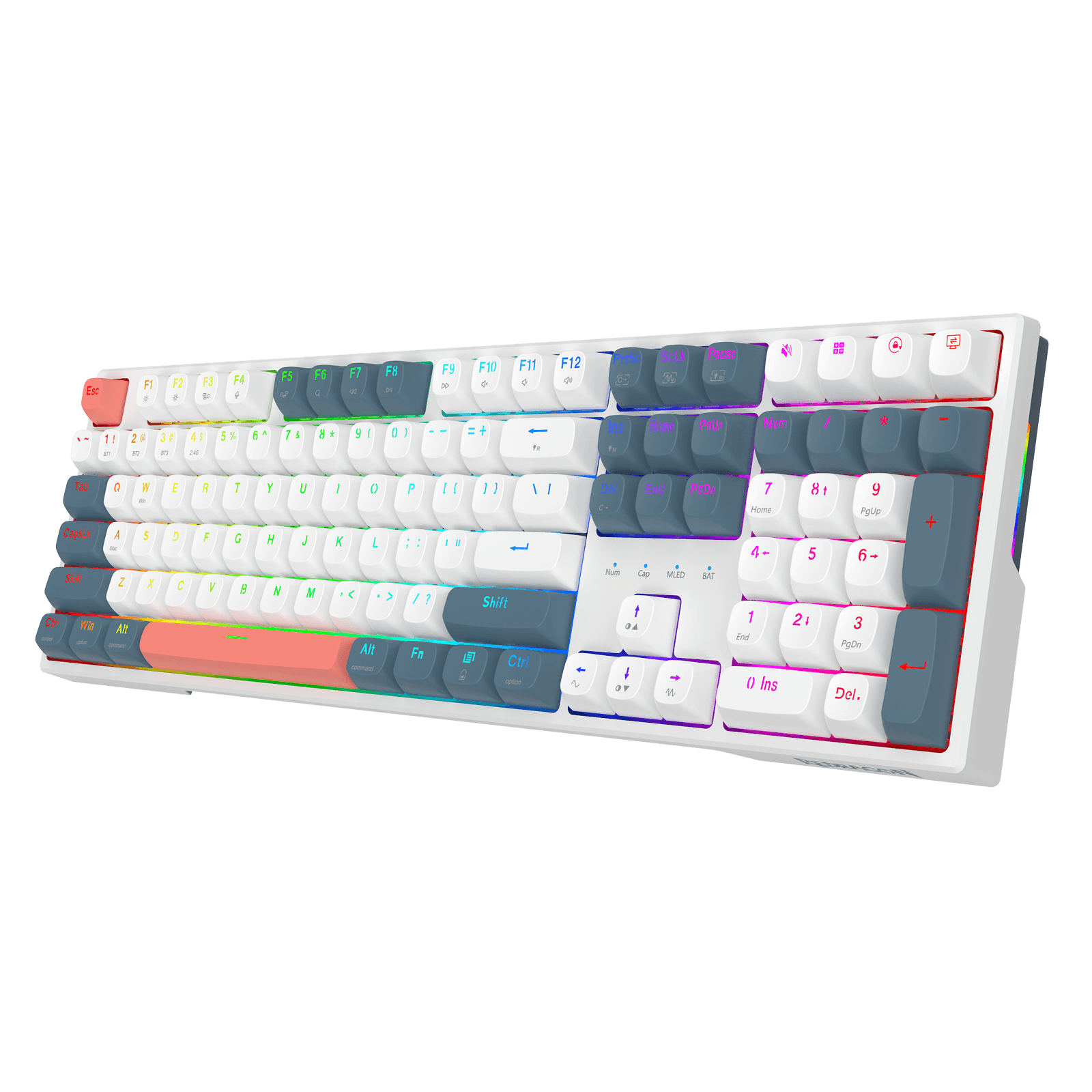 A mechanical keyboard with a white case and white keycaps, featuring custom dark gray keycaps, a coral orange backlight, and a rainbow RGB backlighting on a solid black background.
