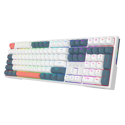 A mechanical keyboard with a white case and white keycaps, featuring custom dark gray keycaps, a coral orange backlight, and a rainbow RGB backlighting on a solid black background.