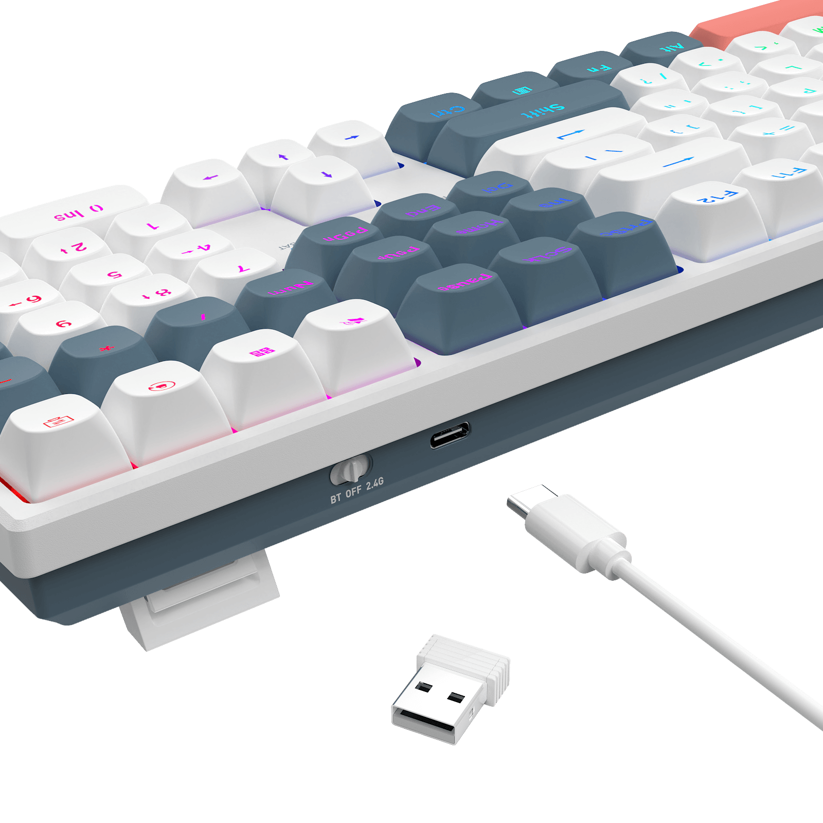 A close-up of a mechanical keyboard showing its side profile, white and gray keycaps, RGB backlighting, a USB-C port, a white USB cable, and a small white USB receiver on a black background.