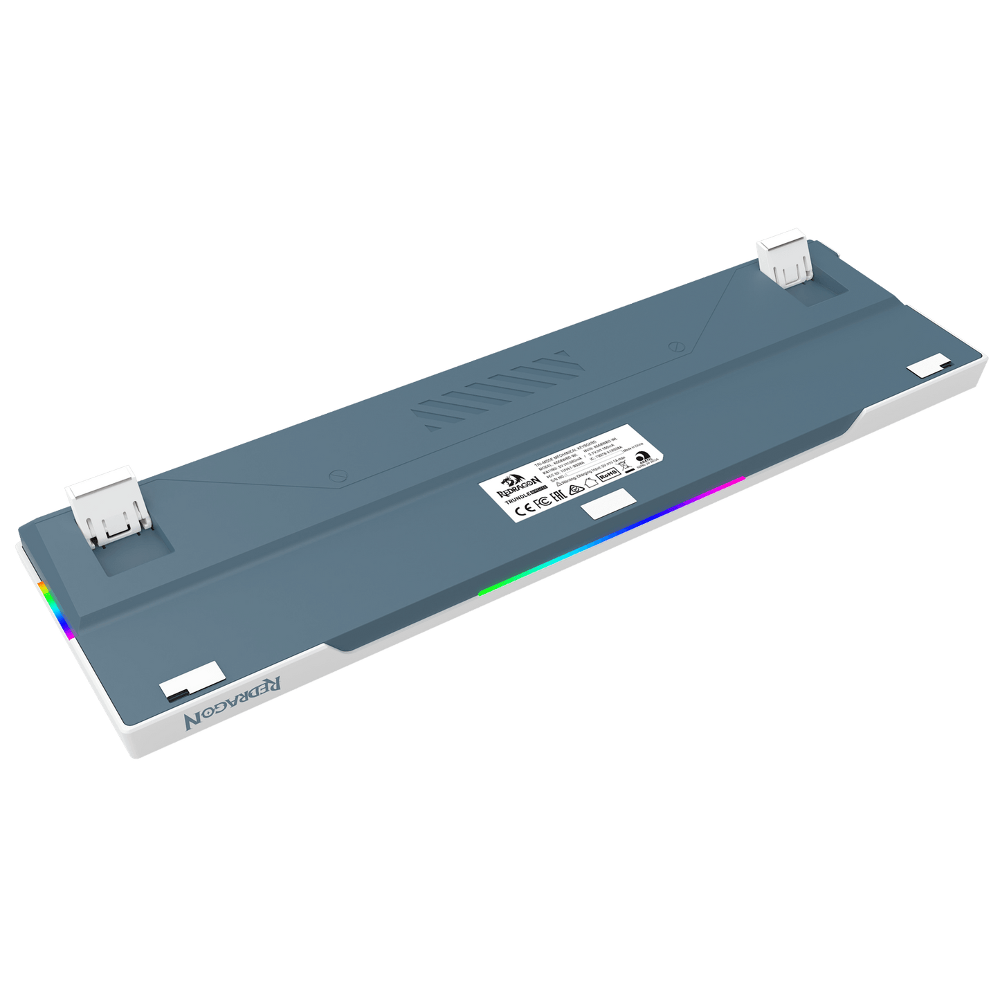 A 3D render of a Noctimark keyboard underside, showing the gray top plate, white side panels, USB-C ports, and a glowing RGB LED strip, set against a solid black background.