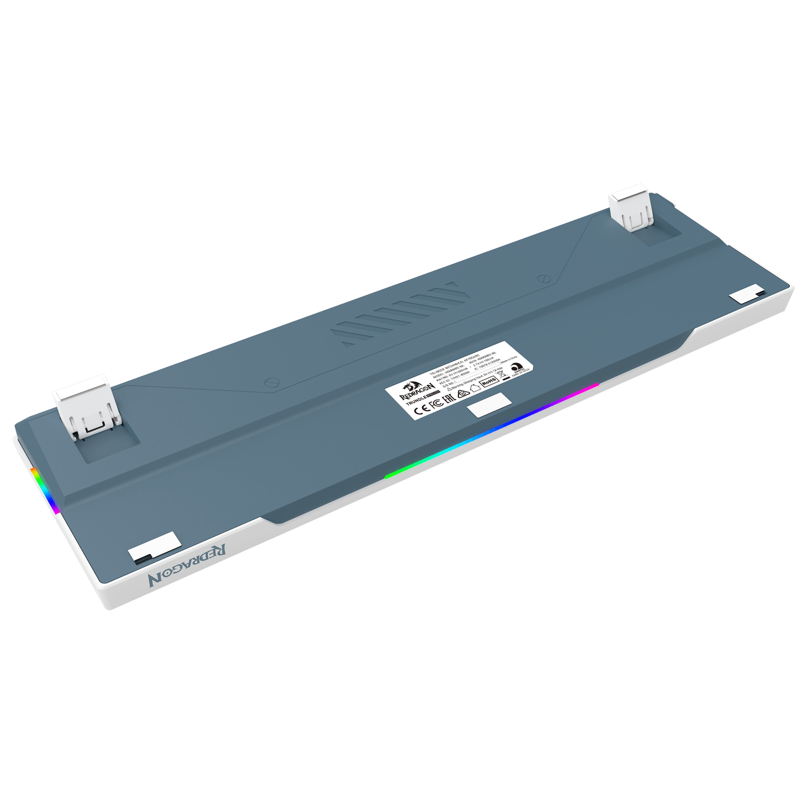 A 3D render of a Noctimark keyboard underside, showing the gray top plate, white side panels, USB-C ports, and a glowing RGB LED strip, set against a solid black background.