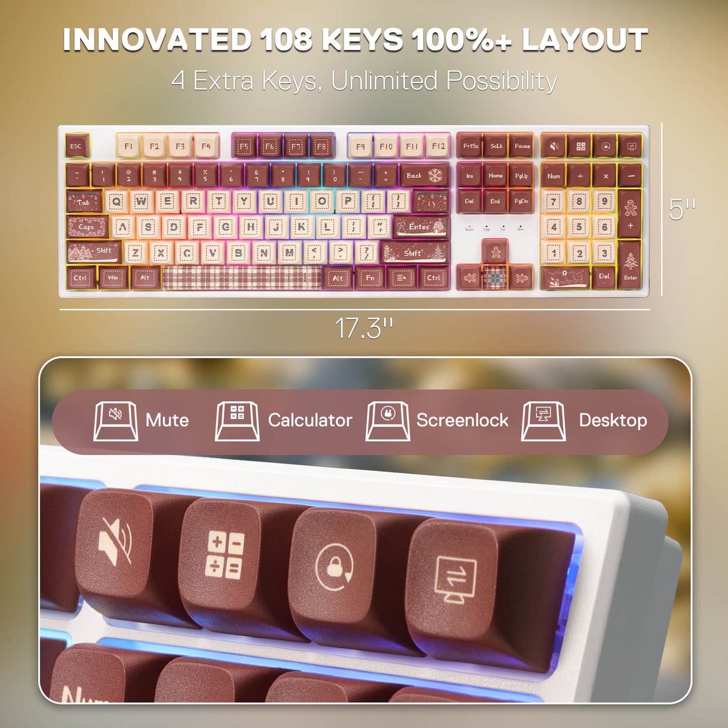 Redragon K668 Xmas Wired Gasket RGB Gaming Keyboard, 108 Keys Mechanical Keyboard w/Extra 4 Hotkeys, Upgraded Hot-swappable Socket, Sound Absorbing Foam, Christmas Gingerbread Man Themed Cute Keycaps