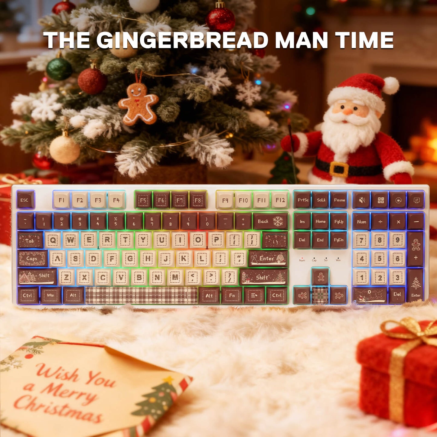 Redragon K668 Xmas Wired Gasket RGB Gaming Keyboard, 108 Keys Mechanical Keyboard w/Extra 4 Hotkeys, Upgraded Hot-swappable Socket, Sound Absorbing Foam, Christmas Gingerbread Man Themed Cute Keycaps