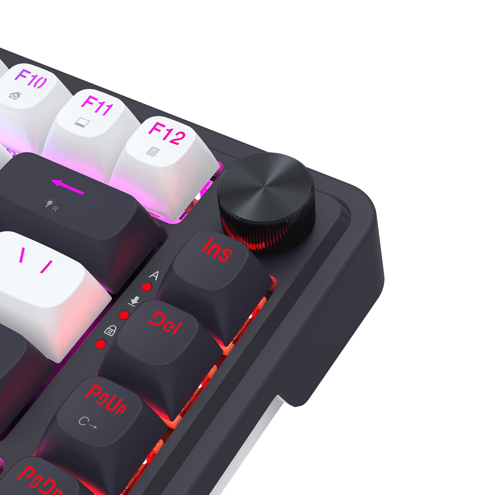 Close-up of  Redragon K673 mechanical keyboard with illuminated keys on a black background