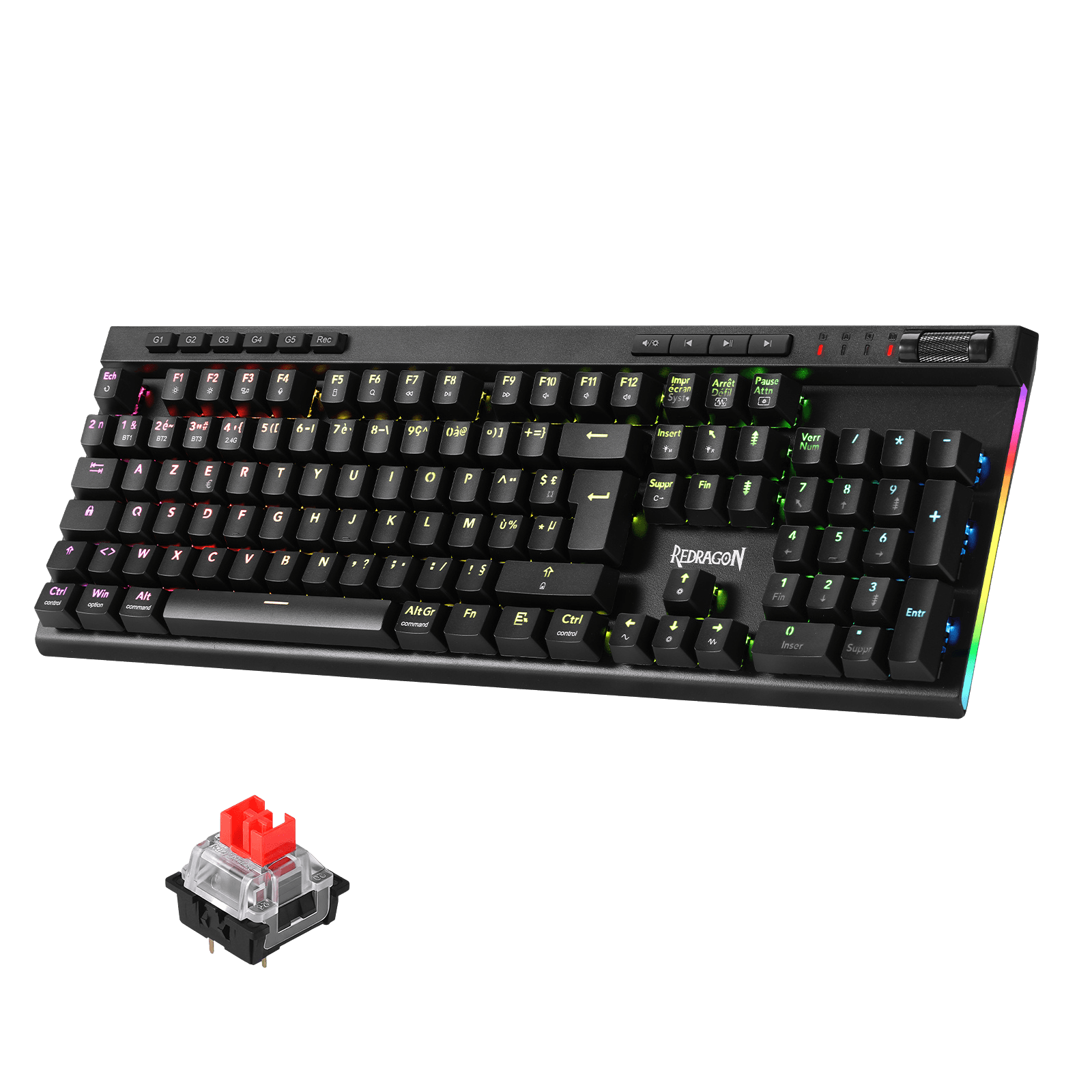 Clavier de jeu sans fil RGB Redragon K580 PRO, clavier mécanique à 104 touches avec 3 modes, connecteur Hot-Swap, commandes multimédia dédiées et enregistrement de macros intégré, commutateurs linéaires rouges