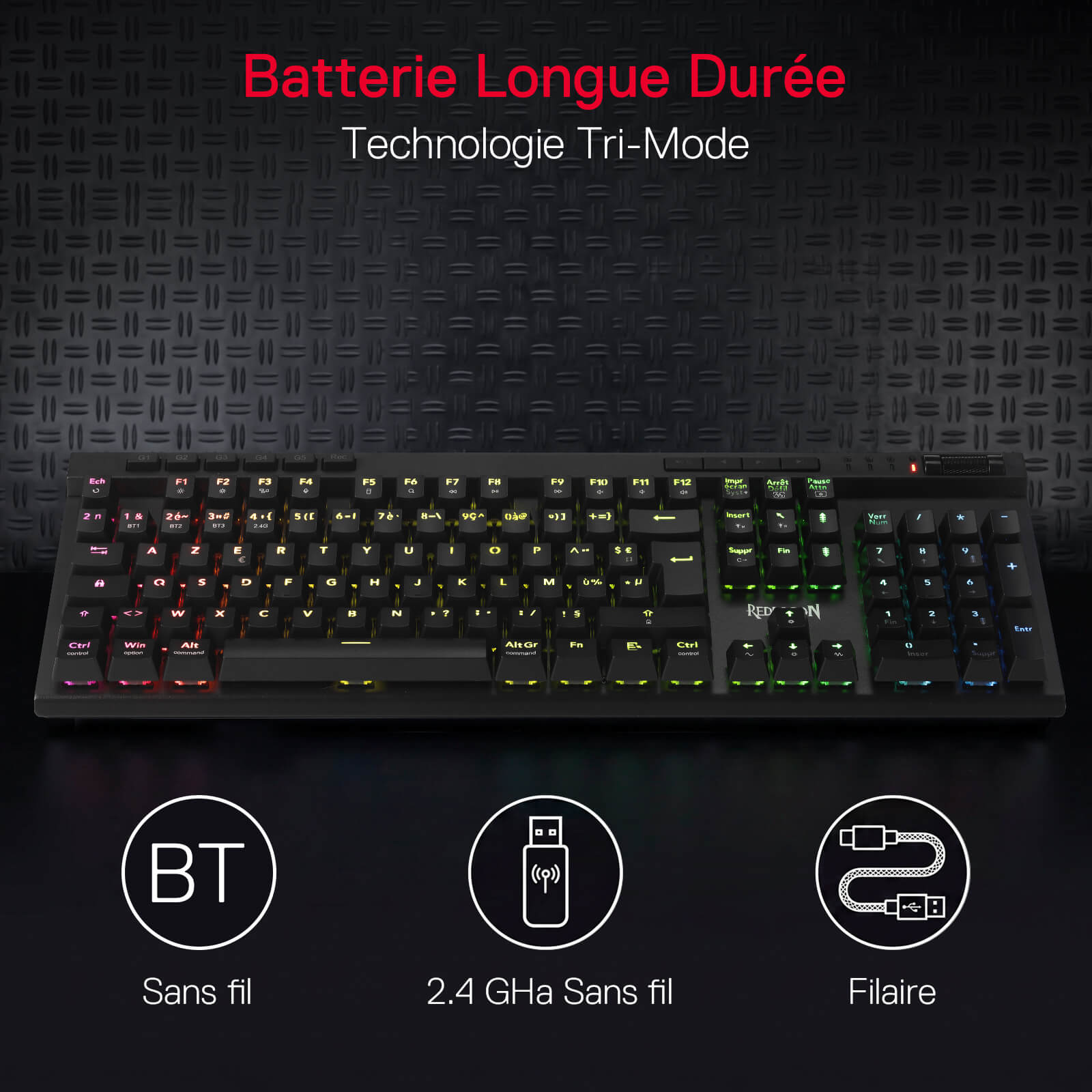 Clavier de jeu sans fil RGB Redragon K580 PRO, clavier mécanique à 104 touches avec 3 modes, connecteur Hot-Swap, commandes multimédia dédiées et enregistrement de macros intégré, commutateurs linéaires rouges
