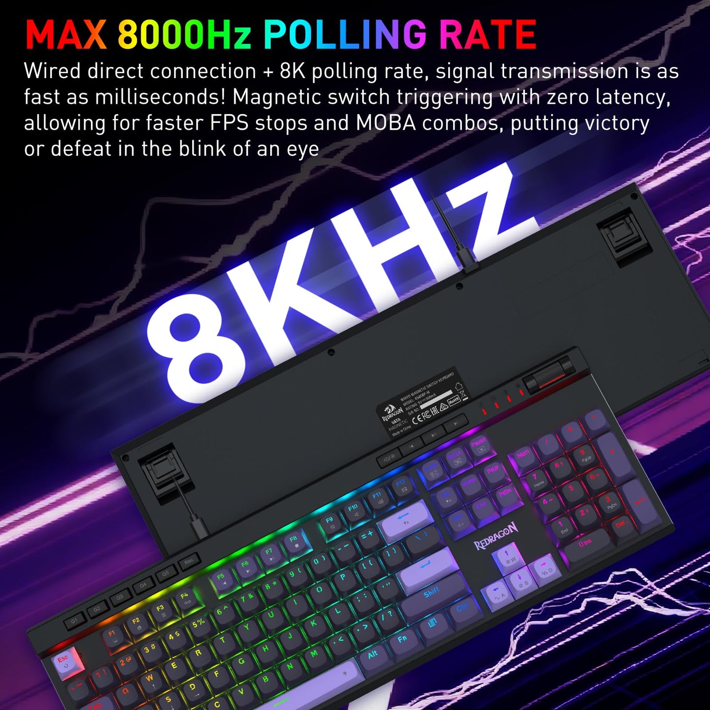 Redragon K580 HE Rapid Trigger Gaming Keyboard, 100% 104 Keys Wired Mechanical Keyboard w/Hyper-Fast Actuation, 8K Hall Effect Magnetic Switch, Dedicated Media Controls, Onboard Macro Recording
