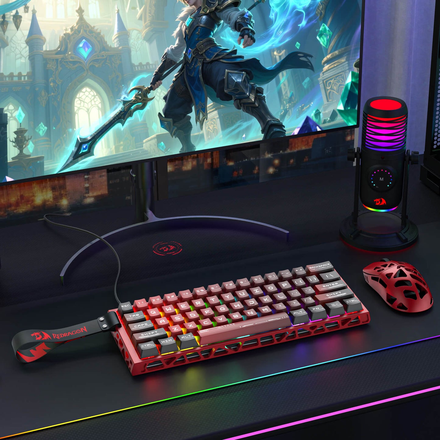 The Redragon K753 keyboard is showcased in a modern gaming setup, highlighting its red aluminum frame and vibrant RGB backlighting.