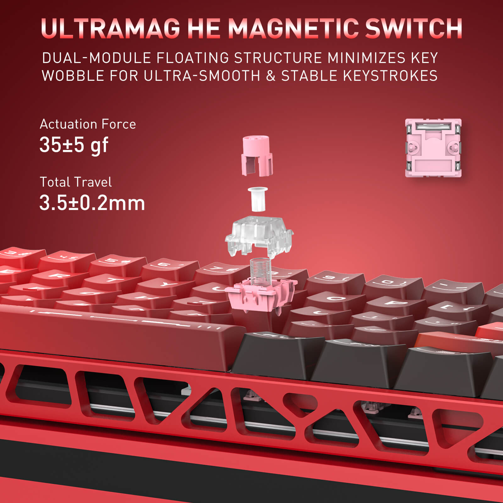 The Ultramag HE magnetic switch is showcased, with a dual-module floating structure for smooth keystrokes and 35±5 gf actuation force.
