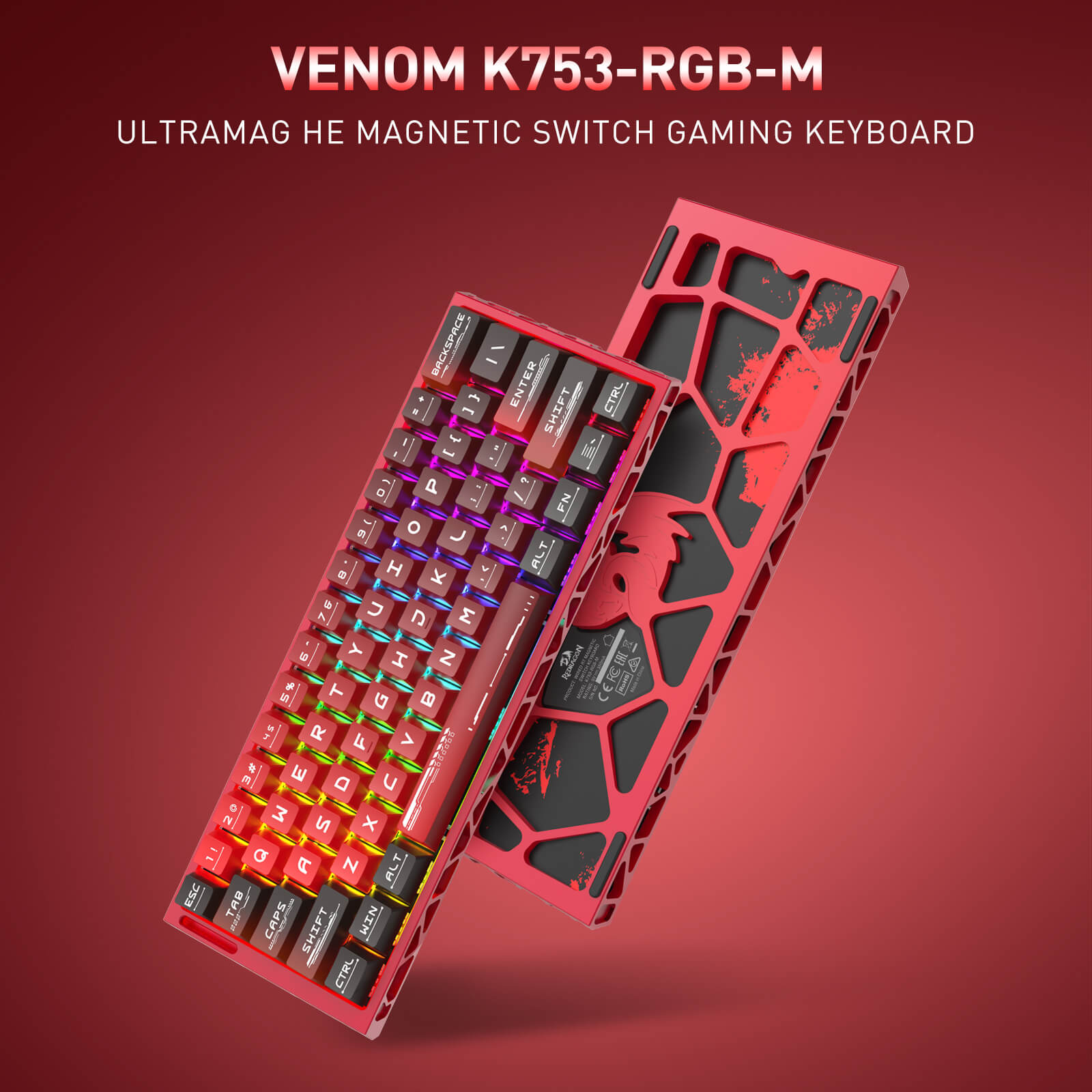 The Redragon Venom K753-RGB-M Ultramag HE magnetic switch keyboard is displayed, featuring a striking red skeleton case and RGB backlighting.