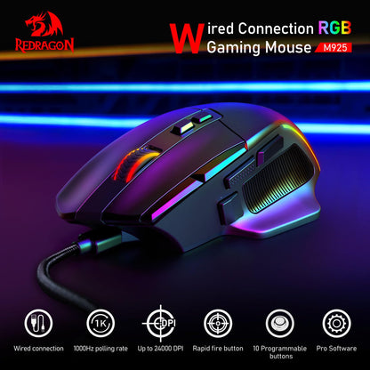 The Redragon M925 wired RGB gaming mouse is showcased, highlighting key features: 1000Hz polling rate, up to 24000 DPI, rapid fire button, 10 programmable buttons, and pro software support.