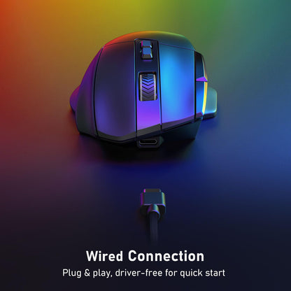 The mouse’s wired connection is emphasized, with a plug-and-play, driver-free design for quick and easy setup.