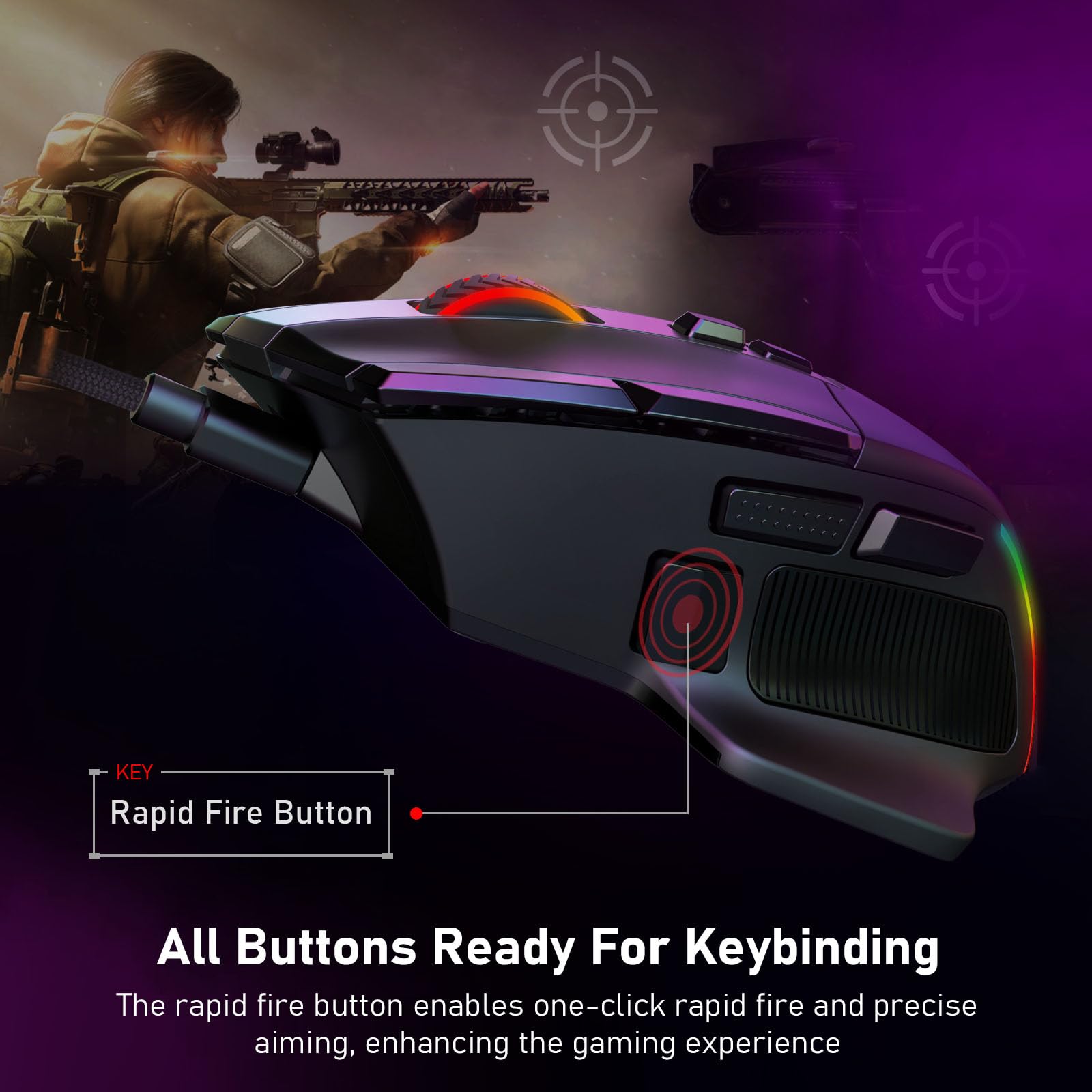 All buttons are fully programmable, including a rapid fire button that enables one-click rapid fire and precise aiming for enhanced gaming.