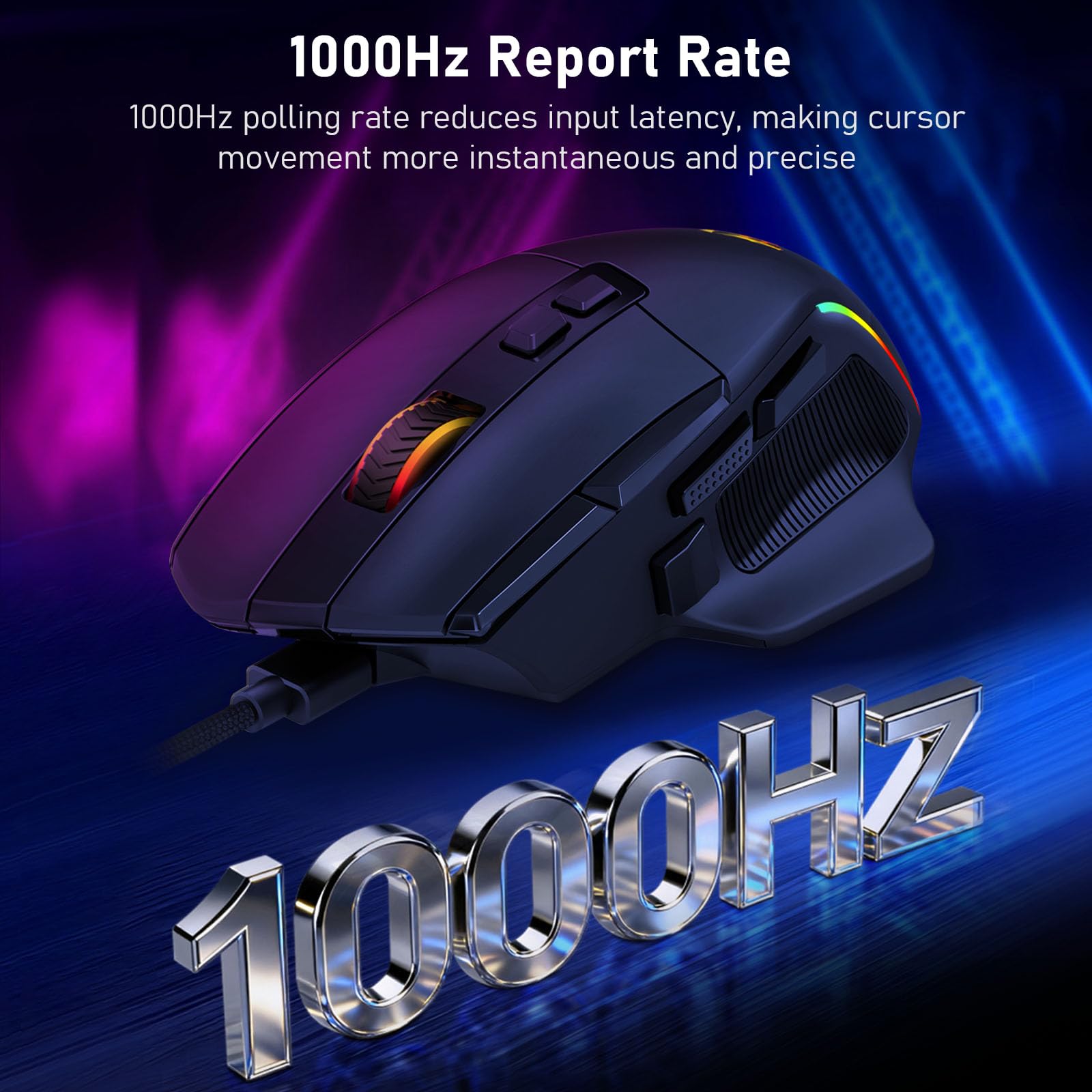 The 1000Hz polling rate is highlighted, reducing input latency for more instantaneous and precise cursor movement.