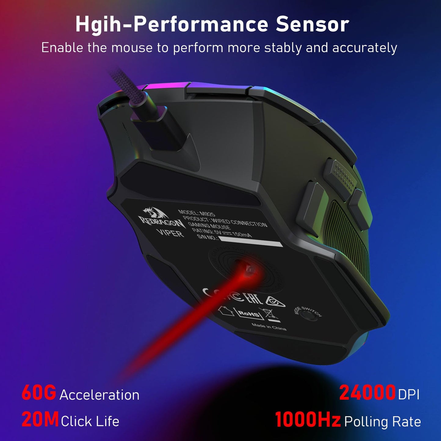 The high-performance sensor delivers stable and accurate performance, with 60G acceleration, 20M click life, 24000 DPI, and 1000Hz polling rate.