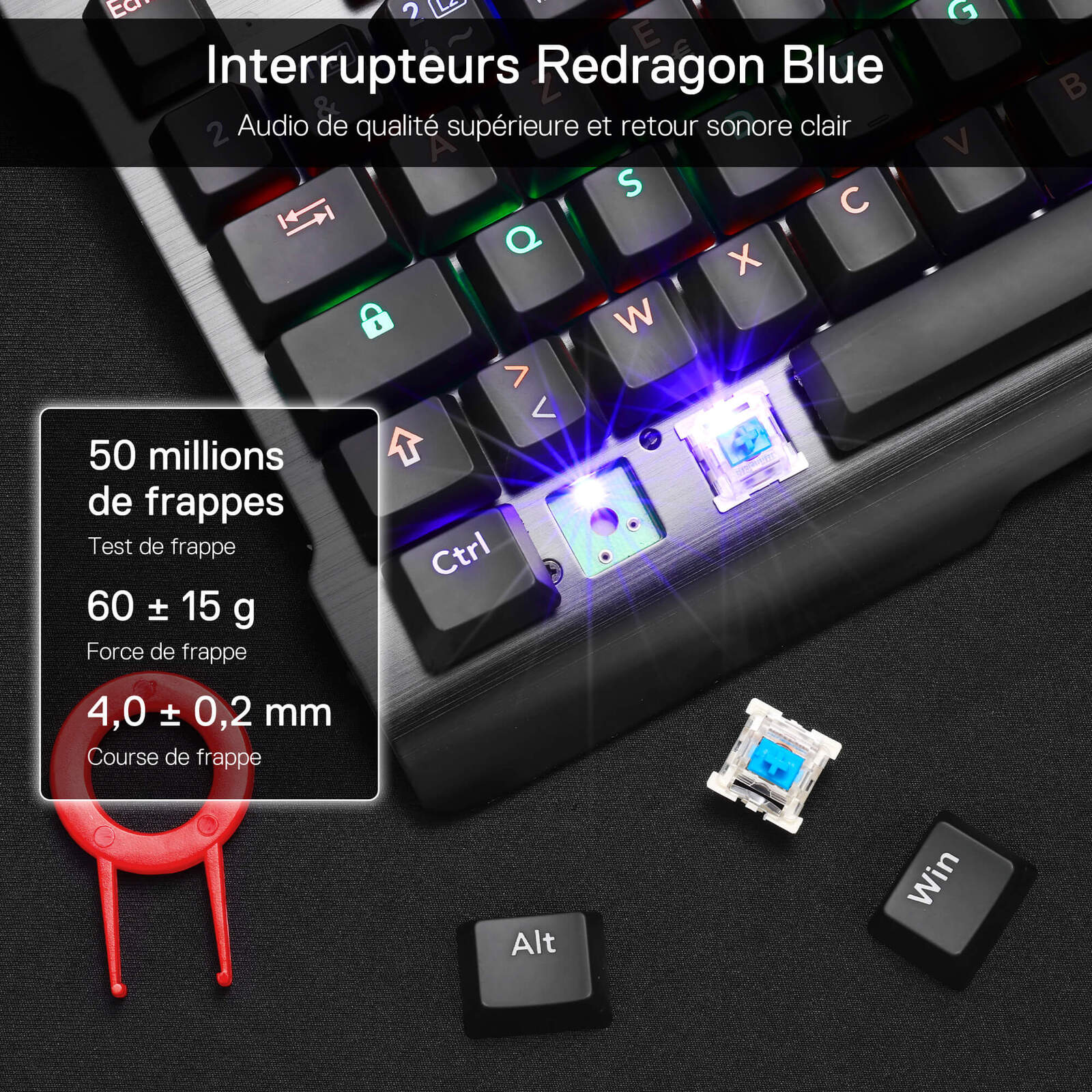 Les interrupteurs bleus Redragon sont détaillés, avec des spécifications : 50 millions de frappes, force de 60 ± 15 g et course de frappe de 4,0 ± 0,2 mm, accompagnés d'un extracteur de touches.