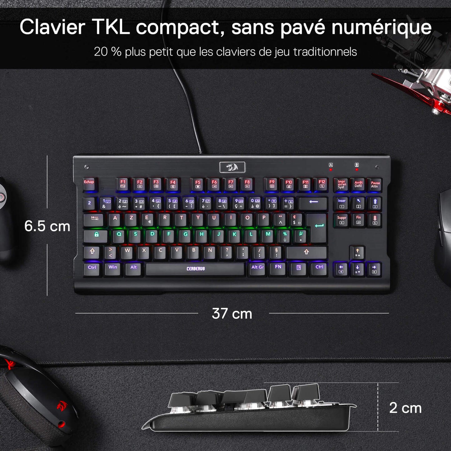 Le clavier TKL compact, sans pavé numérique, est 20 % plus petit que les claviers de jeu traditionnels, avec ses dimensions (37 x 6,5 cm) clairement indiquées.