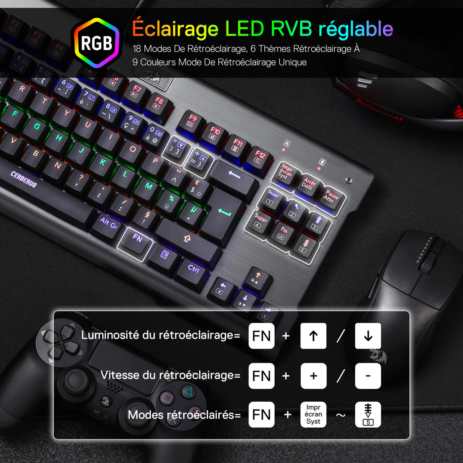 L'éclairage LED RVB réglable du clavier est présenté, avec 18 modes de rétroéclairage et des raccourcis clavier pour ajuster la luminosité, la vitesse et les modes.