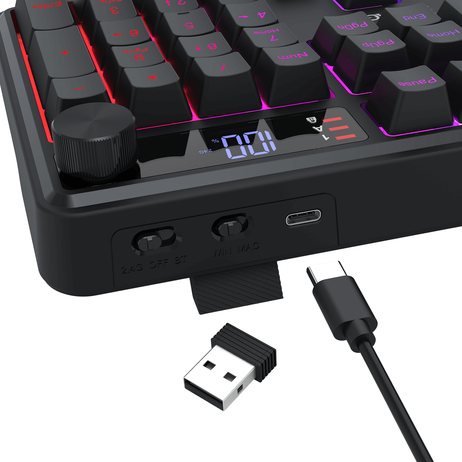 Redragon K526 PRO RGB Wireless Membrane Gaming Keyboard, 104 Keys Mechanical-Feel Keyboard w/LED Info Display, Media/Backlit Knob Control, Smooth Linear Switch & Software Supported