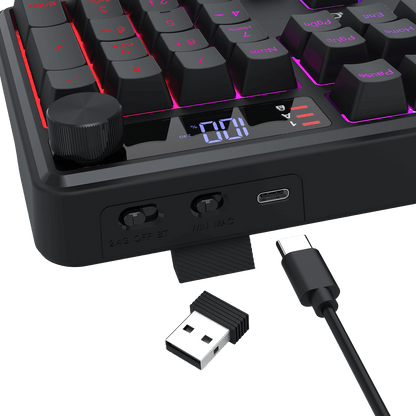 Redragon K526 PRO RGB Wireless Membrane Gaming Keyboard, 104 Keys Mechanical-Feel Keyboard w/LED Info Display, Media/Backlit Knob Control, Smooth Linear Switch & Software Supported