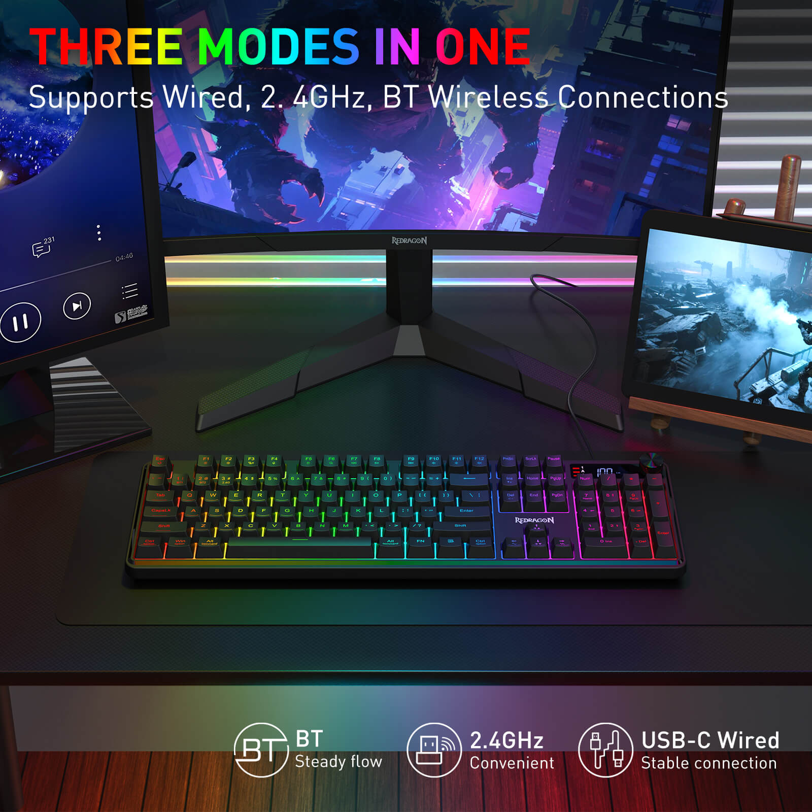 The Redragon RM104 Pro Volcano K526-Pro 3-mode 104-key membrane RGB keyboard is showcased, highlighting tri-mode connectivity, a multi-function knob, Windows/MAC shortcuts, and a real-time power display.