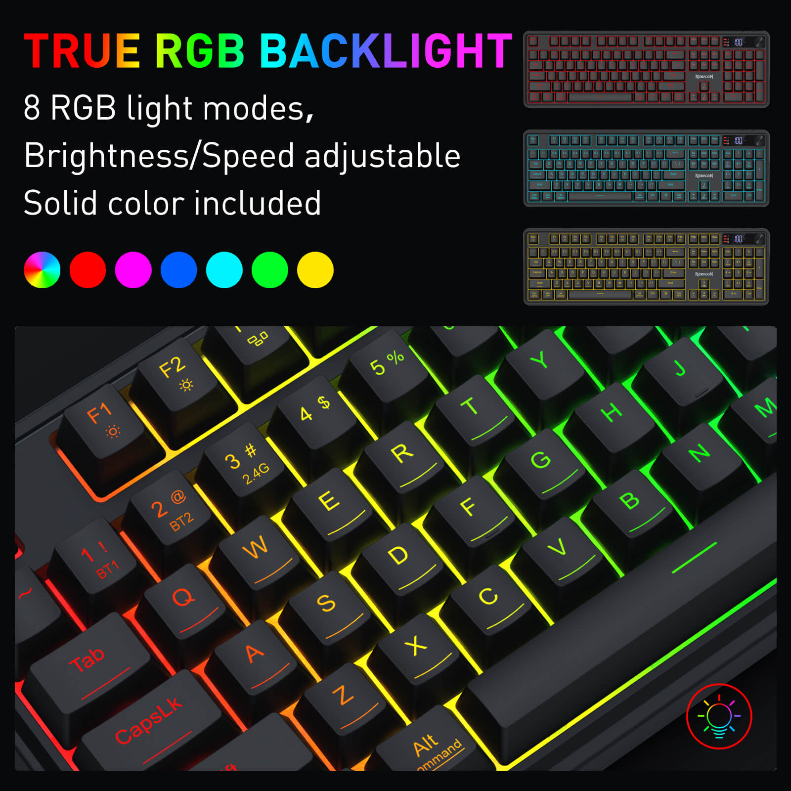 The keyboard’s true RGB backlight is featured, with 8 adjustable light modes, customizable brightness/speed, and solid color options.