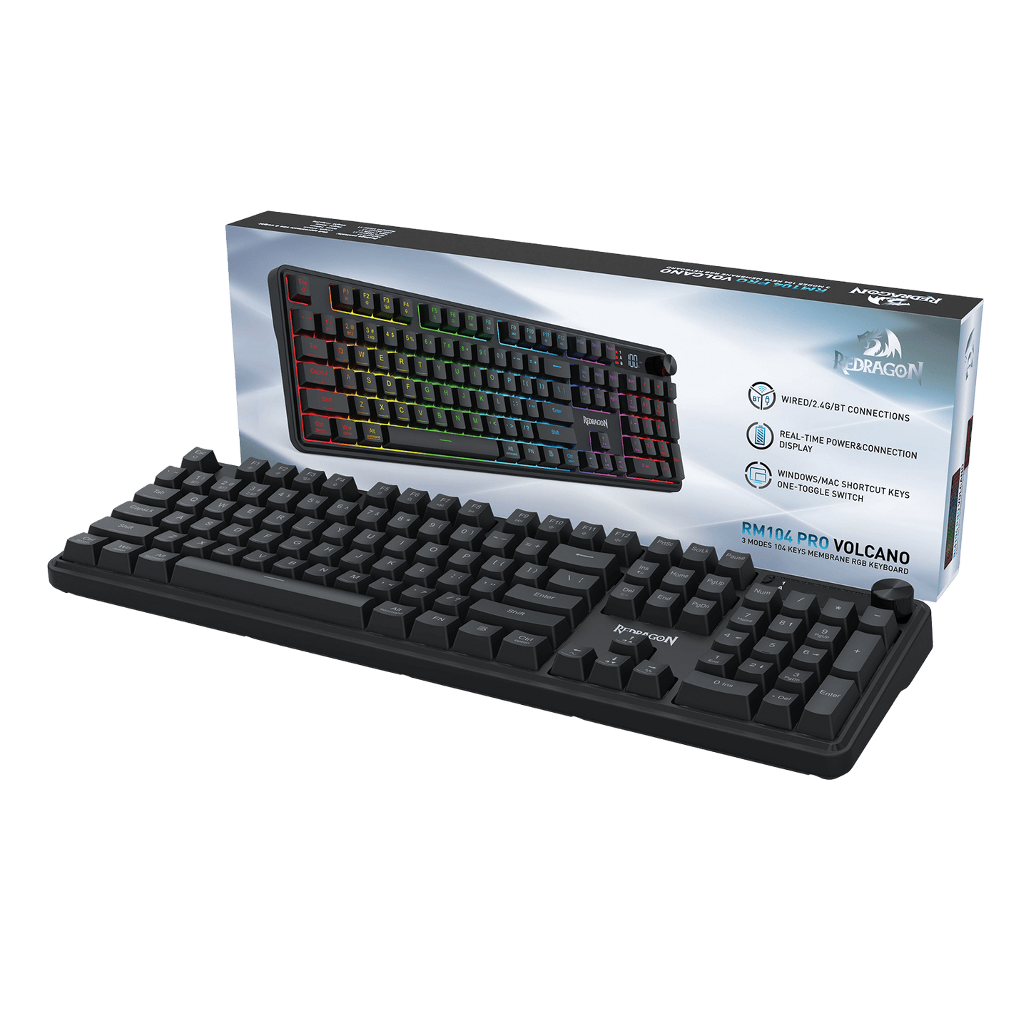 Redragon K526 PRO RGB Wireless Membrane Gaming Keyboard, 104 Keys Mechanical-Feel Keyboard w/LED Info Display, Media/Backlit Knob Control, Smooth Linear Switch & Software Supported