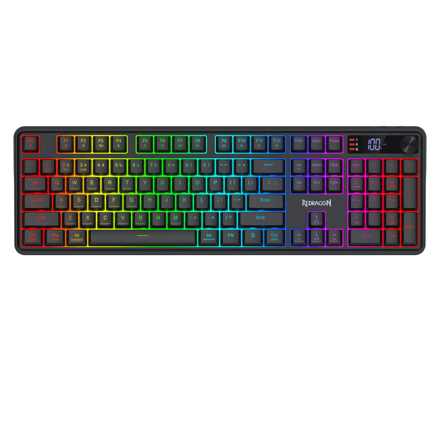 Redragon K526 PRO RGB Wireless Membrane Gaming Keyboard, 104 Keys Mechanical-Feel Keyboard w/LED Info Display, Media/Backlit Knob Control, Smooth Linear Switch & Software Supported