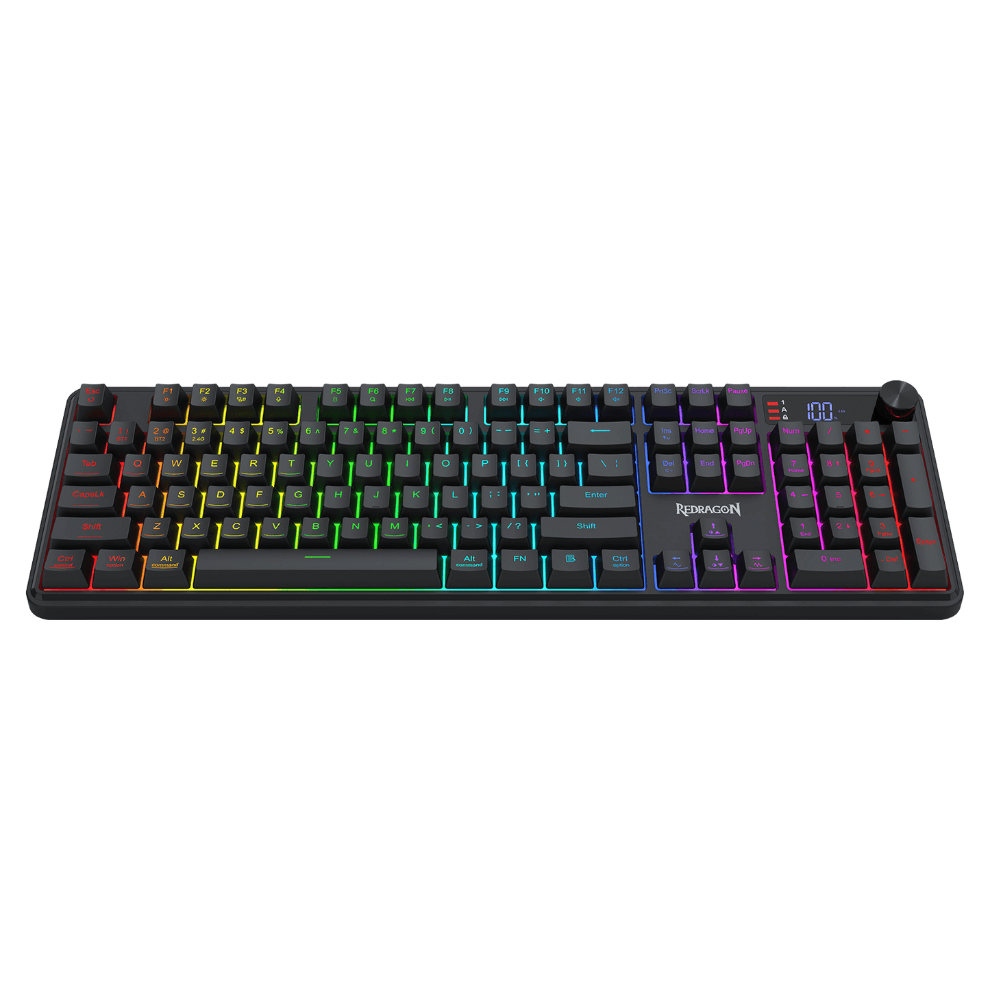 Redragon K526 PRO RGB Wireless Membrane Gaming Keyboard, 104 Keys Mechanical-Feel Keyboard w/LED Info Display, Media/Backlit Knob Control, Smooth Linear Switch & Software Supported