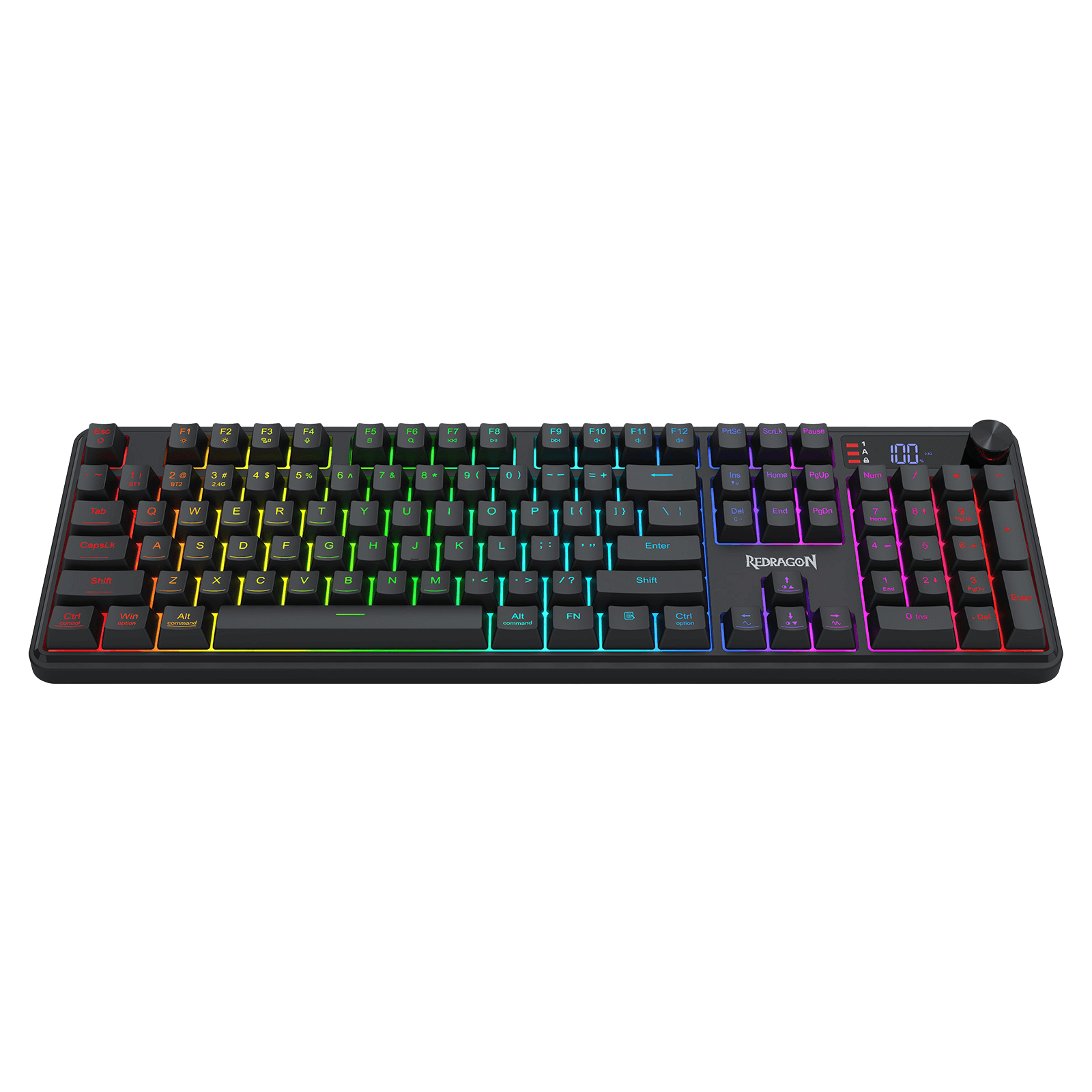 Redragon K526 PRO RGB Wireless Membrane Gaming Keyboard, 104 Keys Mechanical-Feel Keyboard w/LED Info Display, Media/Backlit Knob Control, Smooth Linear Switch & Software Supported