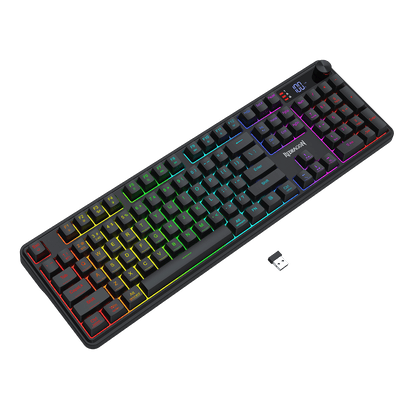 Redragon K526 PRO RGB Wireless Membrane Gaming Keyboard, 104 Keys Mechanical-Feel Keyboard w/LED Info Display, Media/Backlit Knob Control, Smooth Linear Switch & Software Supported