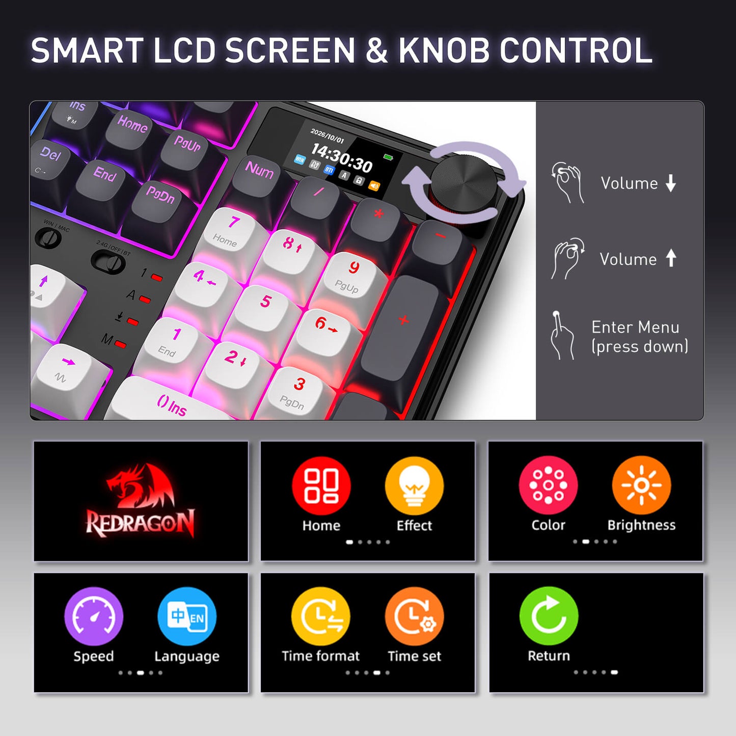 Control panel with smart LCD screen and knob control, featuring Redragon branding.