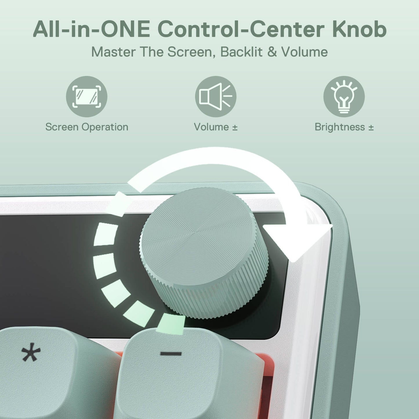 All-in-one control center knob with screen operation, volume, and brightness controls on a light green background.