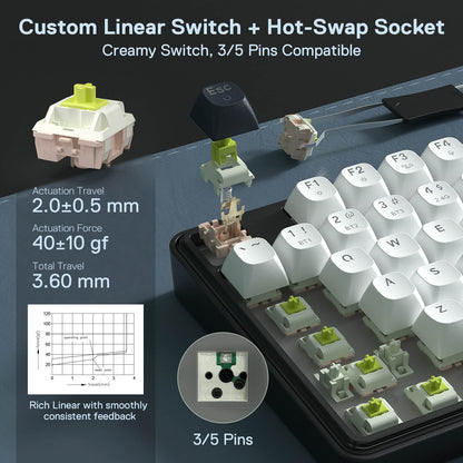 Custom linear switch and hot-swap socket with keyboard components on a dark background