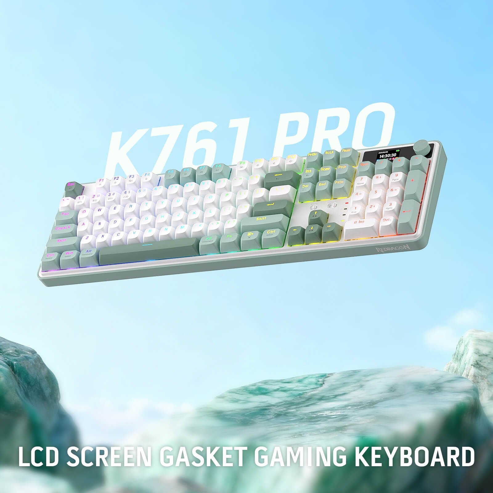 Redragon Gaming keyboard with 'K761 PRO' branding on a blue sky background