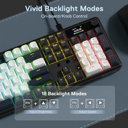 Mechanical keyboard with colorful backlighting on a dark surface