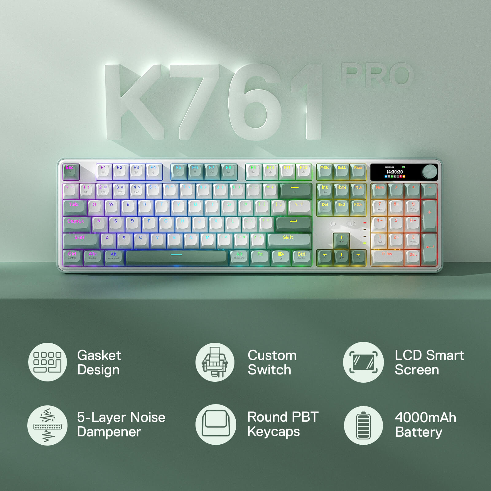 Redragon K761 PRO Mechanical keyboard with RGB lighting on a green background, featuring the K761 Pro model.