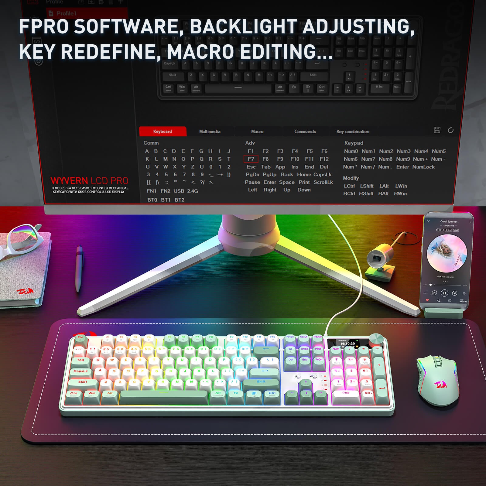 Colorful keyboard with RGB lighting on a desk setup, featuring software text overlay.