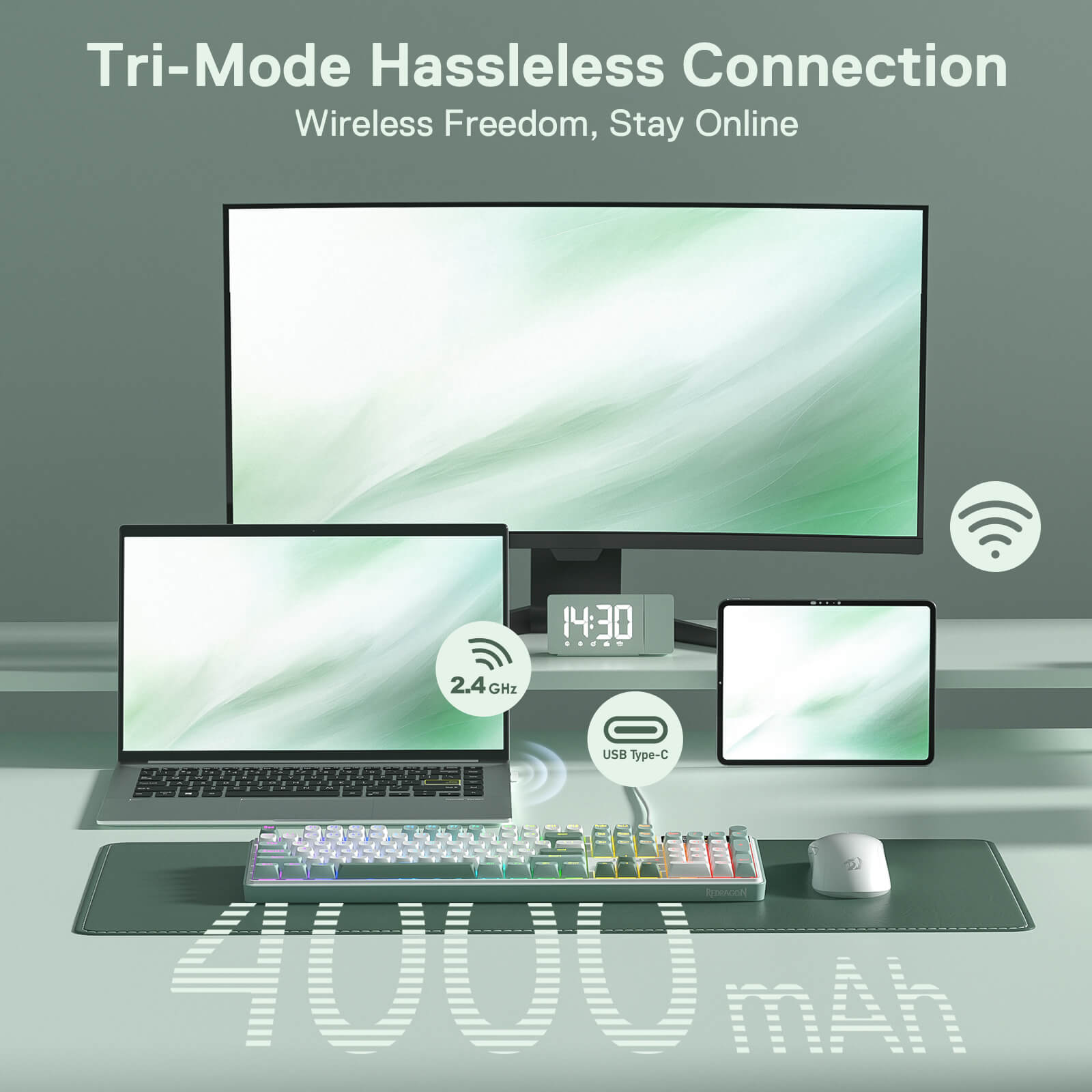 Computer setup with multiple devices on a desk, emphasizing wireless connectivity.